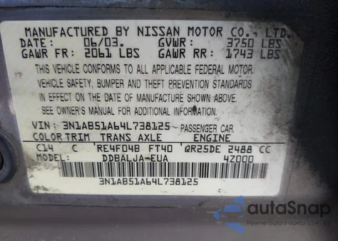 2004 Nissan Sentra 2.5S z USA, uszkodzony, nr VIN 3N1AB51A64L738125